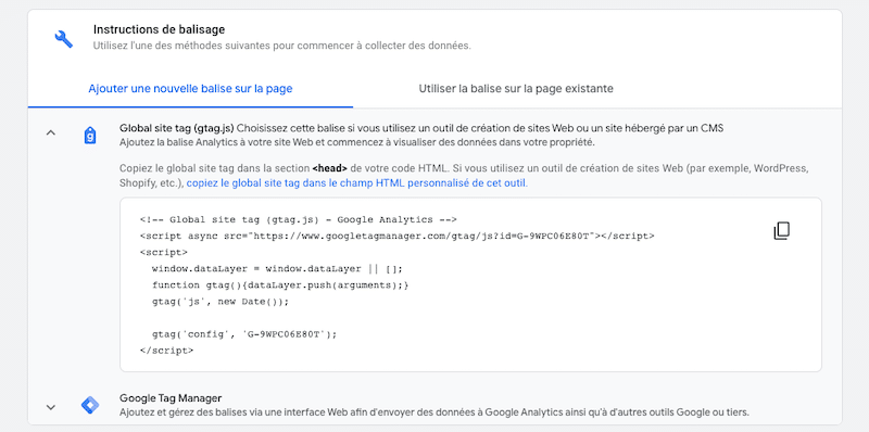 Intégration code de suivi Google Analytics