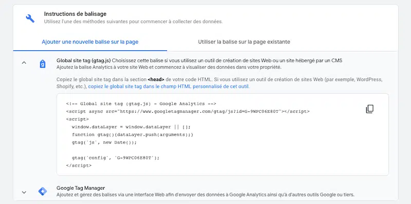 Intégration code de suivi Google Analytics