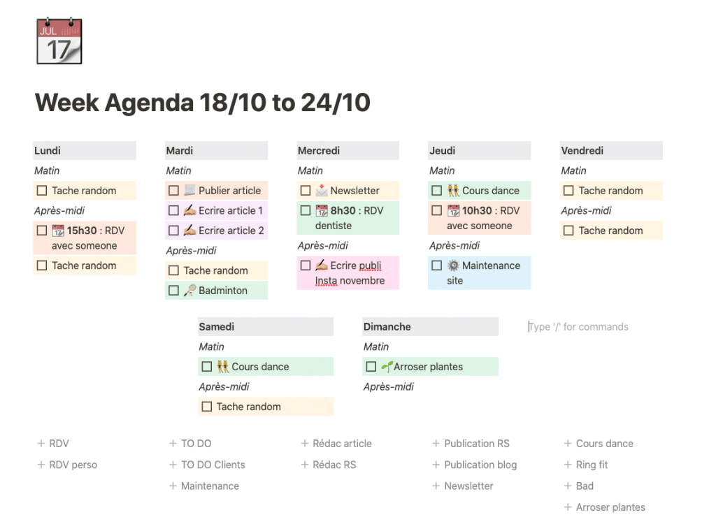 Organisation semaine avec Notion