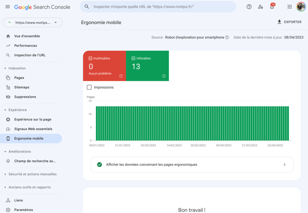 Google Search Console Ergonomie mobile